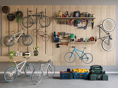 Various Hanging Bicycles In Workshop Space With Wall Mounted Tool Racks And Storage 3d model
