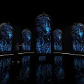 Stunning Museum Interior With Blue Patterned Glass Windows And Reflective Floor Design 3d model