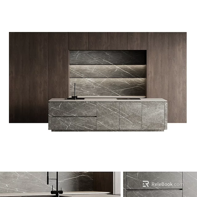 Sleek Modern Kitchen Interior Design With Dark Wood Cabinets And Marble Countertop 3d model 