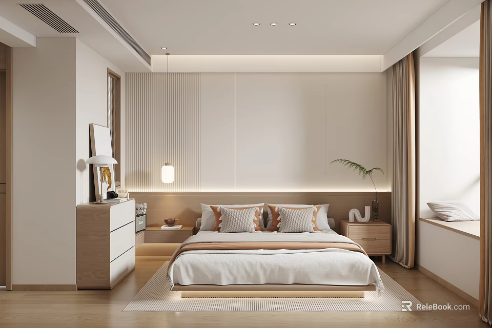 Modern Bedroom Interior Design With Vertical Striped Bedhead Pillows Nightstands Rug And Green Plant 3d model 