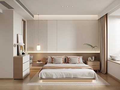 Modern Bedroom Interior Design With Vertical Striped Bedhead Pillows Nightstands Rug And Green Plant 3d model