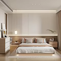 Modern Bedroom Interior Design With Vertical Striped Bedhead Pillows Nightstands Rug And Green Plant