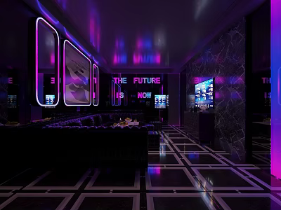 Futuristic KTV Lounge With Neon Lights Modern Sofas And Digital Screens 3d model