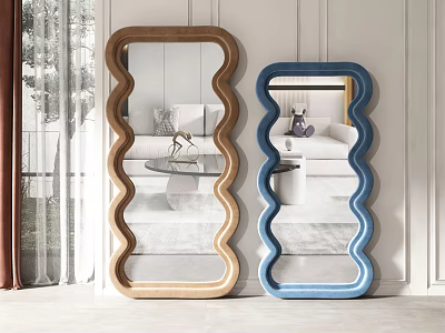 Brown Wooden and Blue Wavy Frame Mirrors for Living Room Interior Wall Decor 3d model