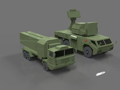 Two Green Military Functional Vehicles Equipped With Missile Launcher And Radar System 3d model