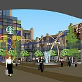 Vibrant Commercial Street With Tall Buildings Colorful Balloons Pedestrians And Store Signs