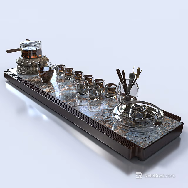 Elegant Tea Set with Metal Teapot Small Glass Cups Teaspoons on Patterned Rectangular Tray 3d model