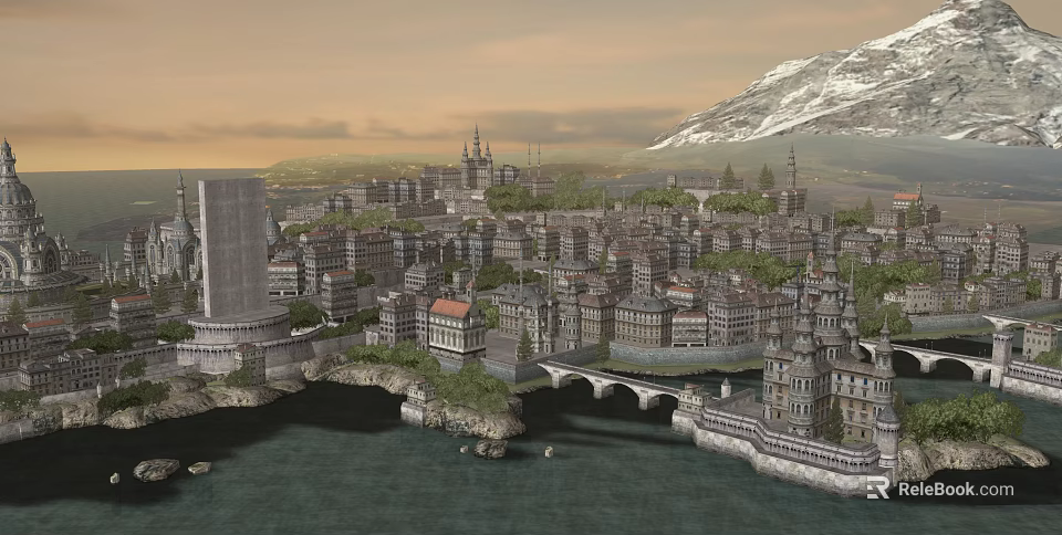 Ancient Architecture Scenic Cityscape With Traditional Buildings River And Mountain Backdrop 3d model 