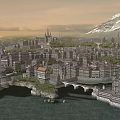 Ancient Architecture Scenic Cityscape With Traditional Buildings River And Mountain Backdrop