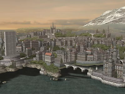 Ancient Architecture Scenic Cityscape With Traditional Buildings River And Mountain Backdrop 3d model