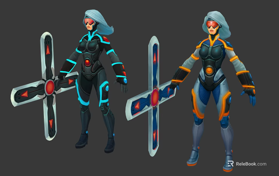 Futuristic Game and Movie Character Design With Neon Accents and Cross Shaped Weapon 3d model 
