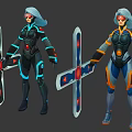 Futuristic Game and Movie Character Design With Neon Accents and Cross Shaped Weapon