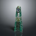 Green Unique Modern Building With Layered Tower Structure And Blue Circular Top