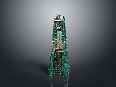 Green Unique Modern Building With Layered Tower Structure And Blue Circular Top 3d model