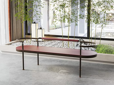 Modern Maroon Sofa Bench With Black Metal Legs Bamboo Plants Stone Pebbles And Large Windows 3d model