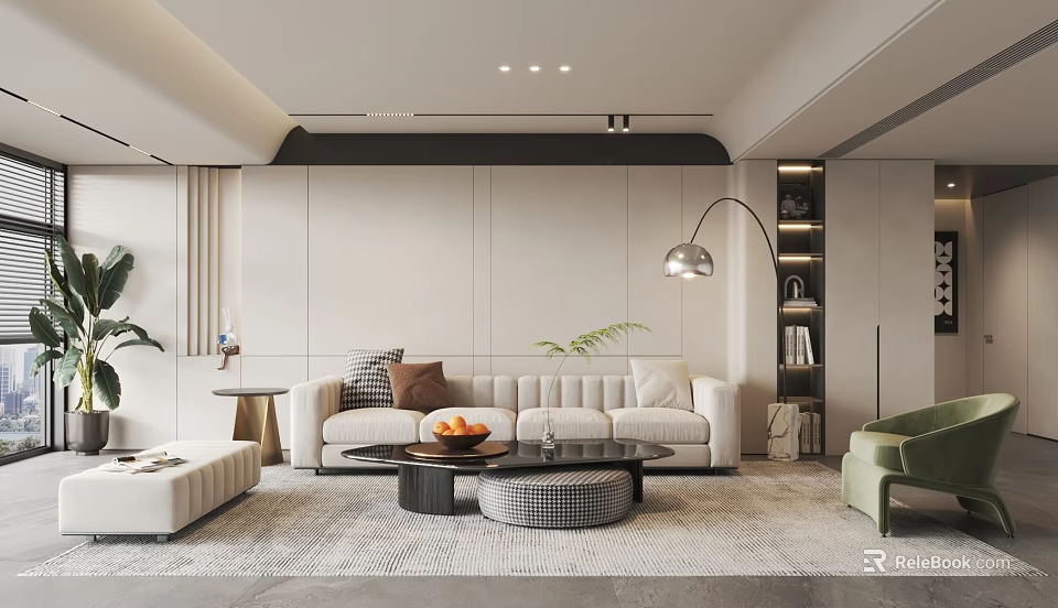 Modern Living Room Interior With White Sofa Green Armchair Coffee Table And Floor Lamp 3d model 