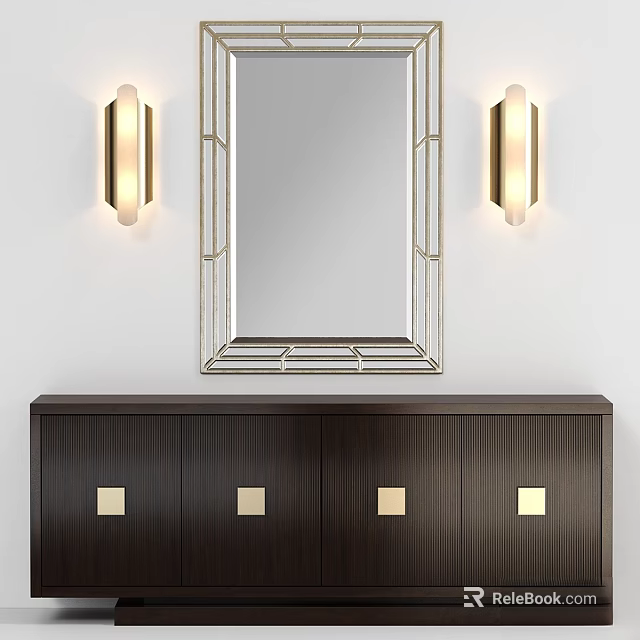 Dark Wood Dresser With Four Doors Gold Handles And Decorative Mirror Wall Sconces 3d model 