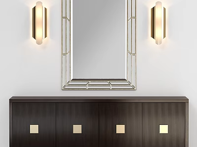 Dark Wood Dresser With Four Doors Gold Handles And Decorative Mirror Wall Sconces 3d model