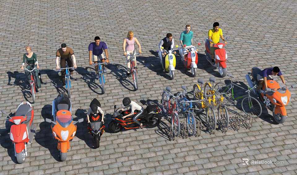 People With Various Colored Motorcycles And Bicycles On Cobblestone Outdoor Ground 3d model 