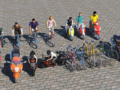 People With Various Colored Motorcycles And Bicycles On Cobblestone Outdoor Ground 3d model