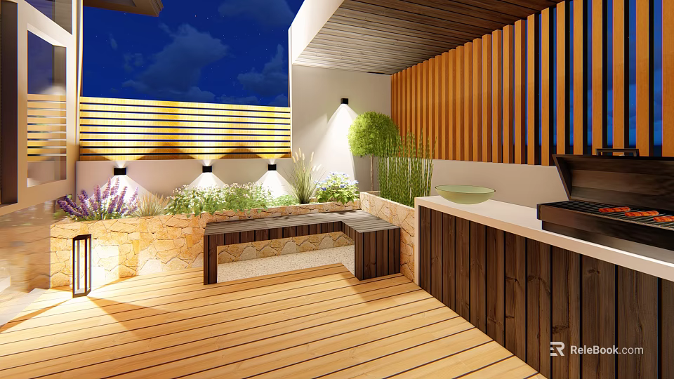 Roof Garden With Wooden Flooring Slat Walls Plants Seating Area And Lighting 3d model 