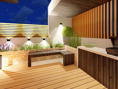 Roof Garden With Wooden Flooring Slat Walls Plants Seating Area And Lighting 3d model