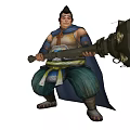 Game Movie Characters Brown Yellow Blue Costumes Holding Large Heavy Weapons With Decorative Patterns Headbands