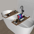 Modern White Bathtub With Wooden Tray Holding Laptop Aromatherapy Products Towels And Window Blinds