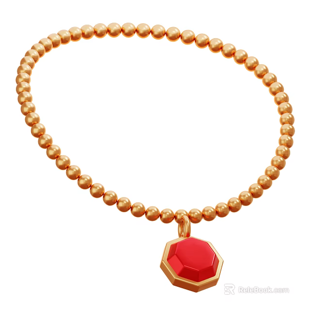 Fashionable Gold Beaded Necklace With Red Octagonal Pendant Decor Ornament 3d model 
