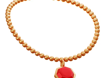 Fashionable Gold Beaded Necklace With Red Octagonal Pendant Decor Ornament 3d model