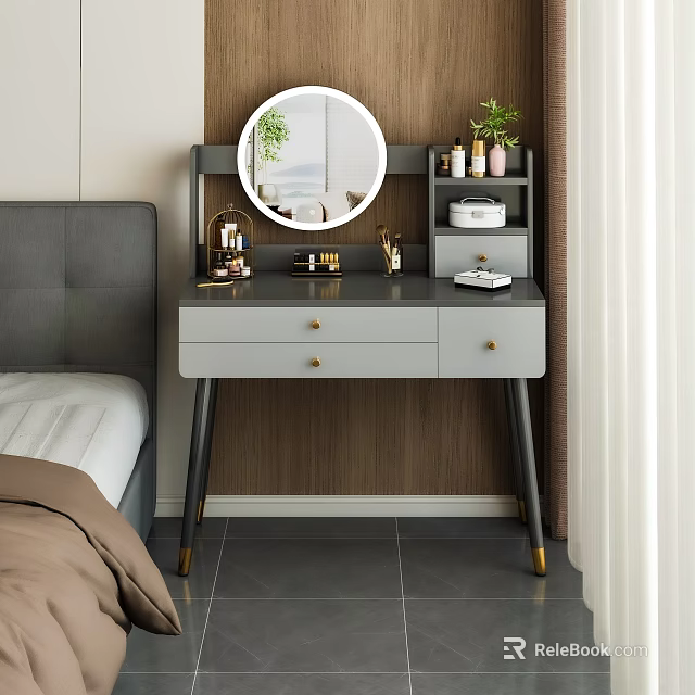 Modern Dressing Table With Round Mirror Drawers And Skincare Products In Bedroom 3d model 