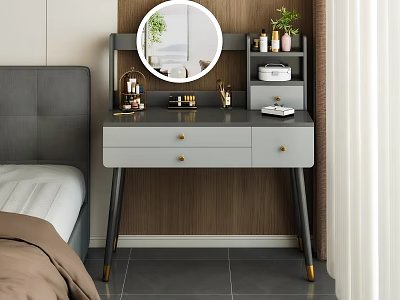 Modern Dressing Table With Round Mirror Drawers And Skincare Products In Bedroom 3d model