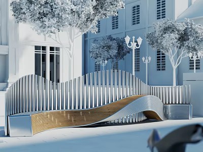 Modern Wave Shaped Outdoor Chair With Metal Frame And Wooden Seat In Park Plaza 3d model