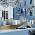 Modern Wave Shaped Outdoor Chair With Metal Frame And Wooden Seat In Park Plaza