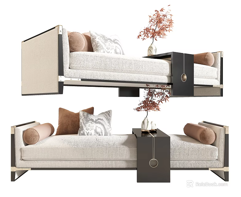 Elegant Modern Sofa Bench Design With Decorative Pillows And Potted Plant 3d model