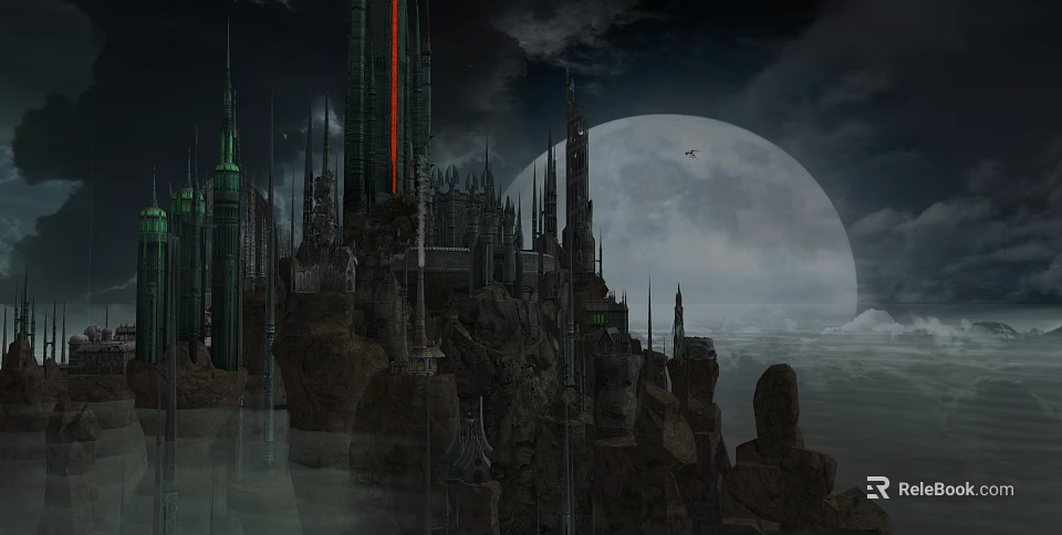 Cartoon Fantasy Castle Scene With Tall Spires And Full Moon In Dark Sky 3d model 