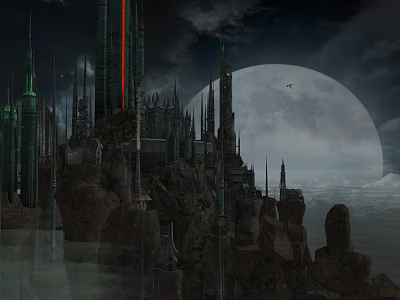 Cartoon Fantasy Castle Scene With Tall Spires And Full Moon In Dark Sky 3d model
