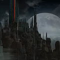 Cartoon Fantasy Castle Scene With Tall Spires And Full Moon In Dark Sky