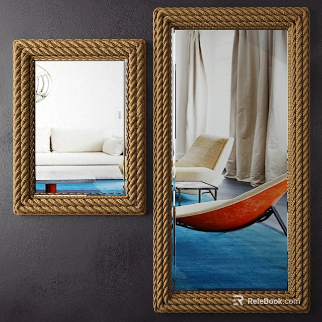 Rope Framed Mirror in Modern Living Room Interior Reflecting Sofa Chair and Blue Rug 3d model 