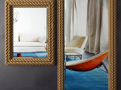 Rope Framed Mirror in Modern Living Room Interior Reflecting Sofa Chair and Blue Rug 3d model