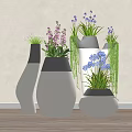 Modern Minimalist White And Black Flower Pots With Purple Blue Flowers Green Plants