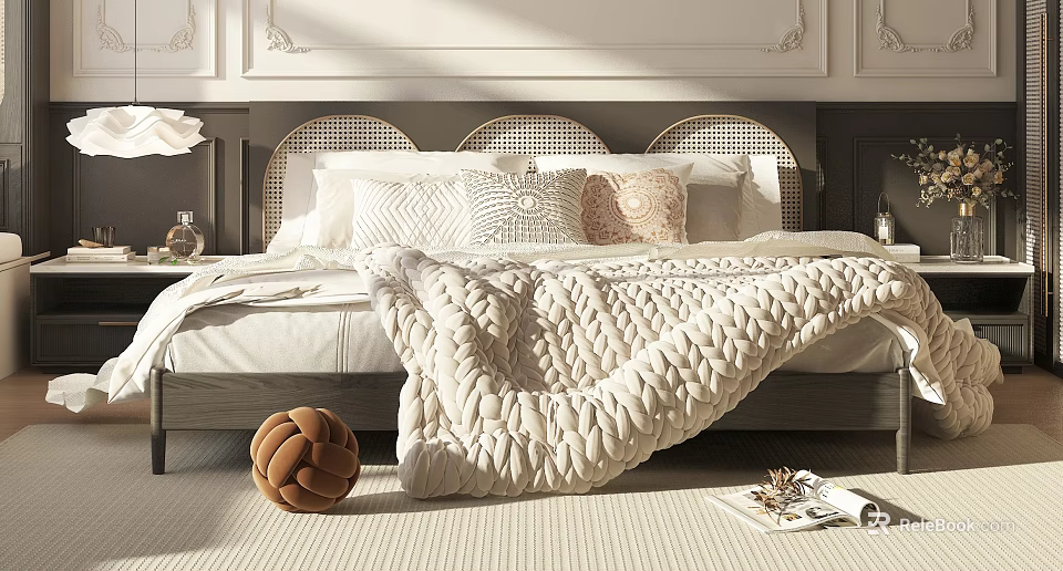 Elegant Modern Double Bed Bedroom Interior With Wicker Headboard Knitted Blanket And Textured Pillows 3d model 