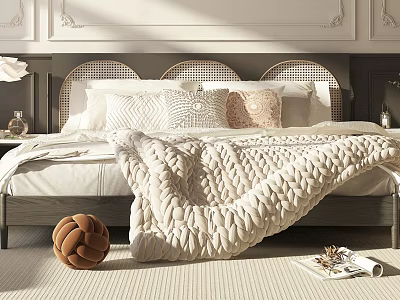 Elegant Modern Double Bed Bedroom Interior With Wicker Headboard Knitted Blanket And Textured Pillows 3d model