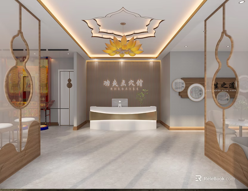 Chinese Style Agricultural Art Gallery Interior With Lotus Chandelier And Wooden Decor 3d model 