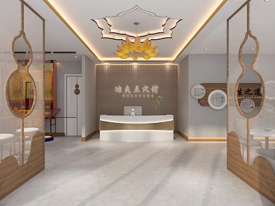 Chinese Style Agricultural Art Gallery Interior With Lotus Chandelier And Wooden Decor 3d model