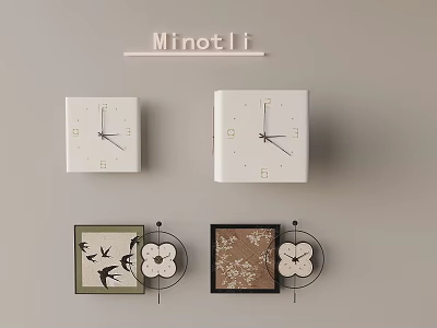 White Square Clocks On Wall With Minotli Sign Picture Frames And Flower Decorations 3d model