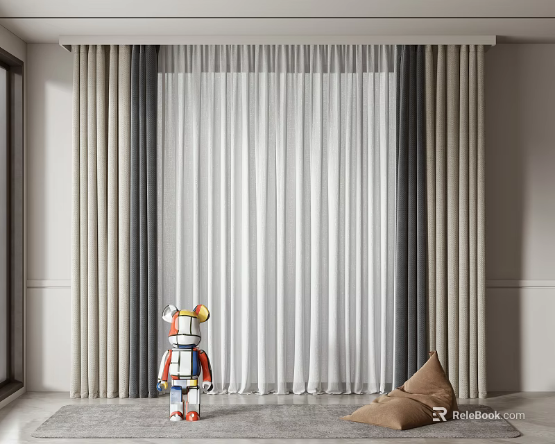 Modern Sheer And Linen Curtains In Gray Beige With Colorful Robot Toy And Brown Cushion 3d model 