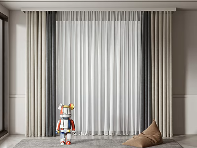 Modern Sheer And Linen Curtains In Gray Beige With Colorful Robot Toy And Brown Cushion 3d model
