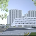 Modern School Building Complex With Green Roofs Courtyard And Surrounding High Rise Buildings