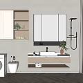 Modern Minimalist Bathroom Washbasin With Mirror Wooden Cabinets Wall Mounted Shelves And Potted Plant
